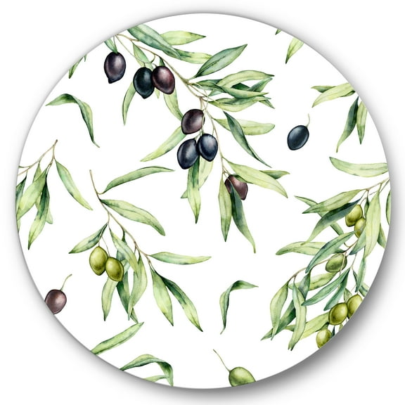 Designart 'Black and Green Olives With Olive Branches & Leaves' Lake House Circle Metal Wall Art 36x36 - Disc of 36