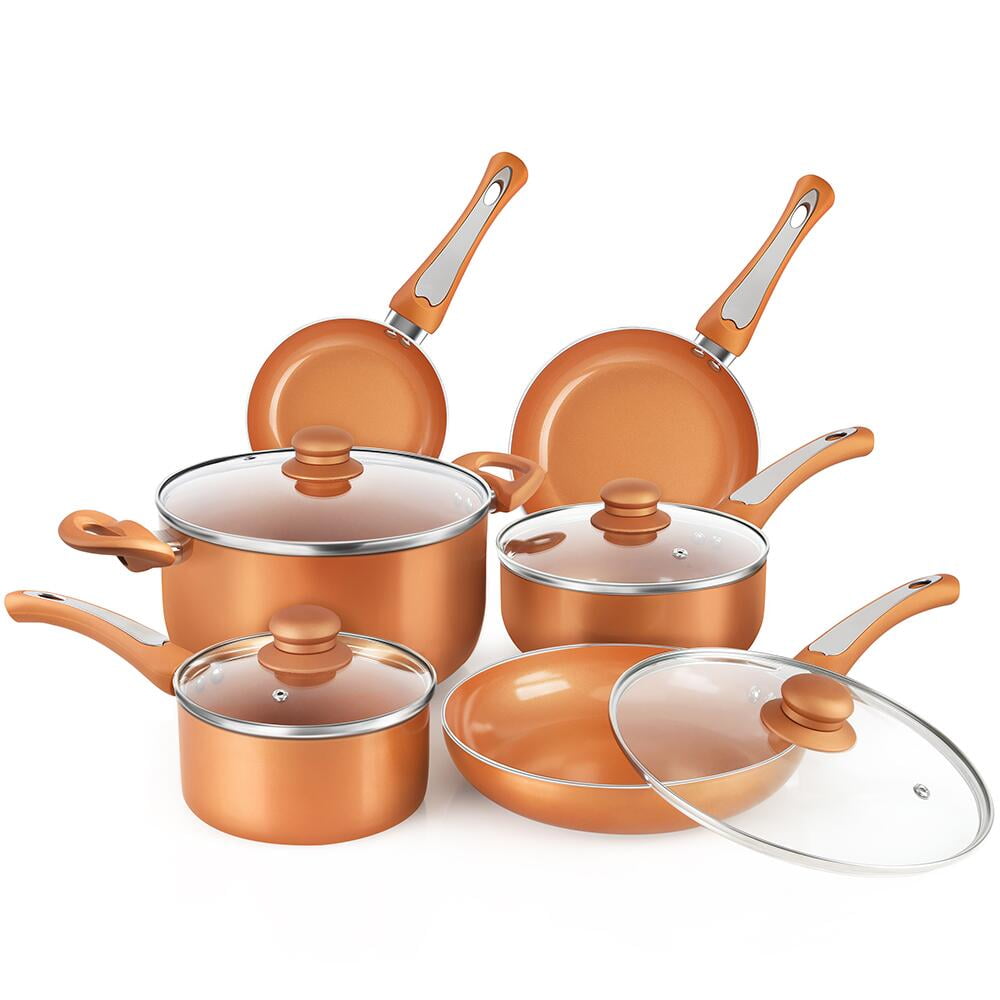 15 Pc Copper Ceramic Nonstick Induction Cookware Set Fry Sauce Pan W/ Glass Lid 
