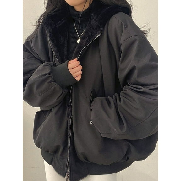 EMMIOL Christmas Women's Y2K Reversible Oversize Fleece Hooded Jacket Sherpa Lined Long Sleeve Zip-Up Puffer Jacket,2025 Winter Warm Coat