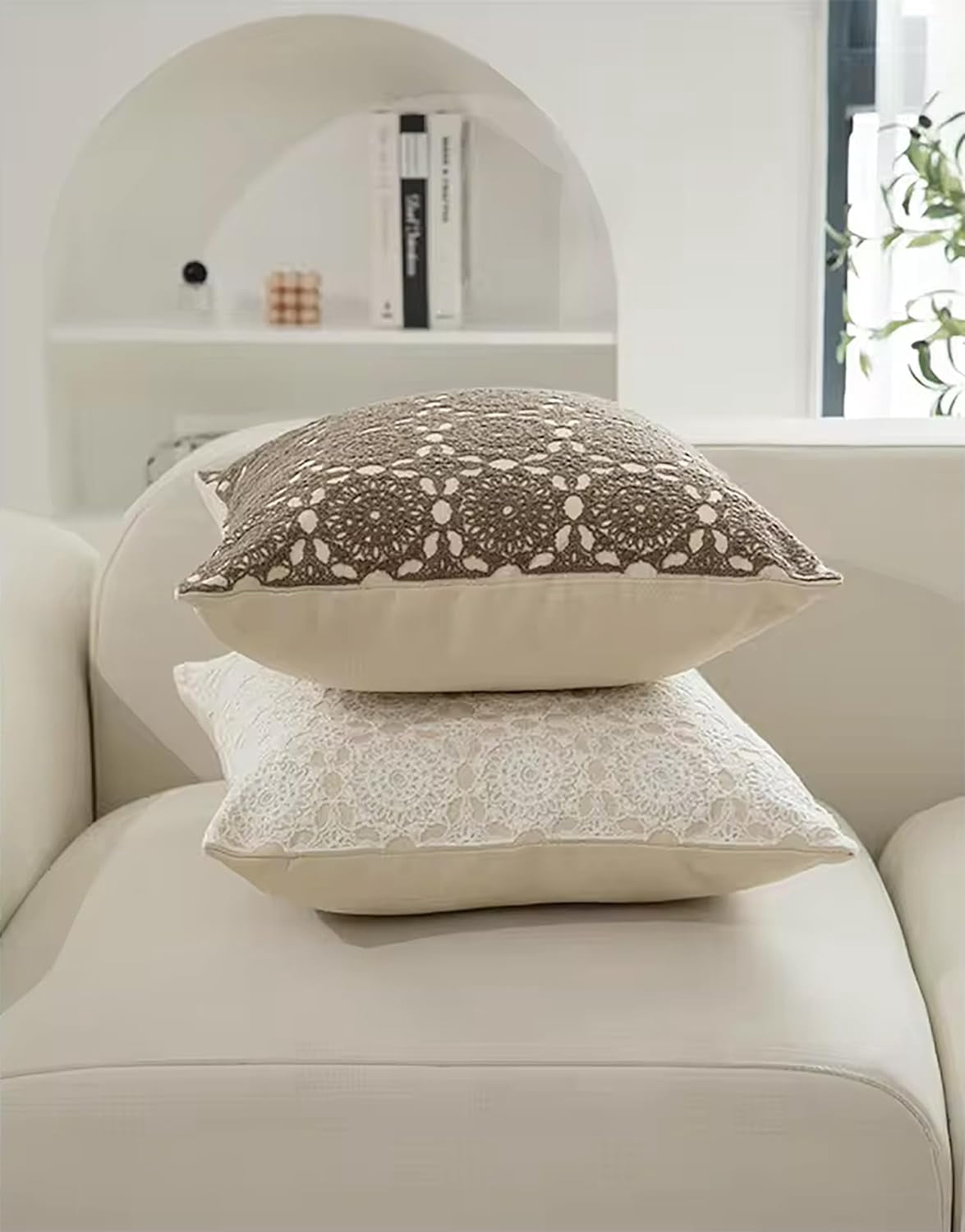 Fennco Styles Embroidered Lace Floral Decorative Throw Pillow Cover 18" W X 18" L – Brown Kaleidoscope Cushion Case for Couch, Sofa, Bedroom, Office and Living Room Décor