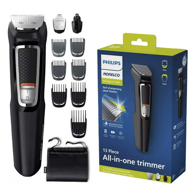 Rasuradora Phillips Todo en Uno Serie 3000 – Kit de Aseo Masculino de 13 Piezas para Barba, Cabello y Vello Facial