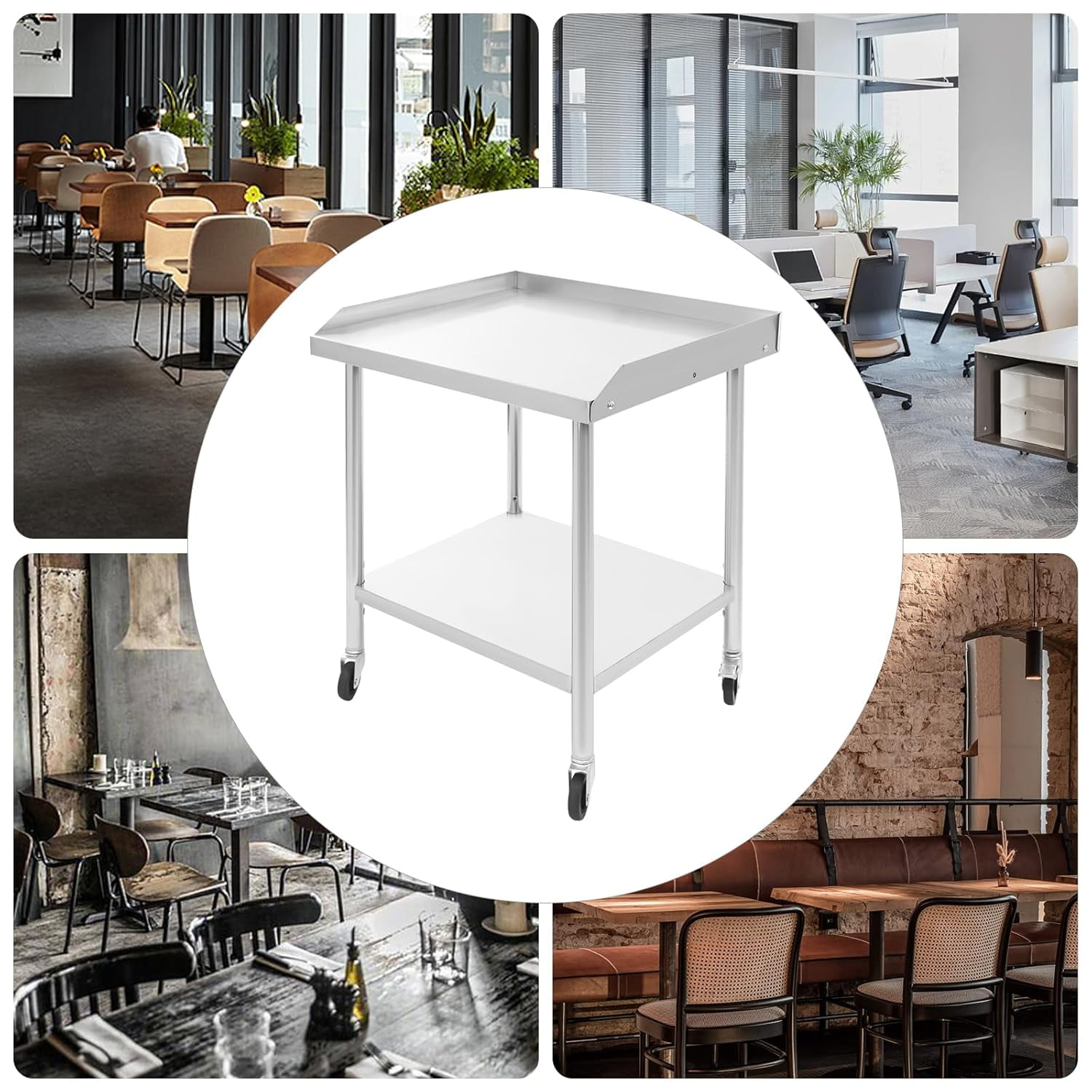 Stainless Steel Work Table, 2-Tier Heavy Duty Work Table, 3-Sided Backsplash Commercial Food Prep Table with Wheels, Metal Work Table for Restaurant Home Hotel (23.6 x 23.6 x 29.92 Inch)