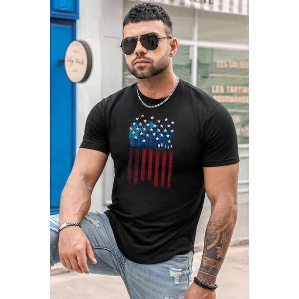 ABPHQTO Camiseta de manga corta ajustada con estampado de bandera estadounidense para hombre de color negro