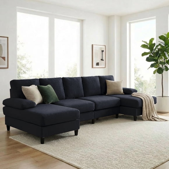 Puremind 114" W U Shaped Sectional Sofa, 4 Seater Sofa with Double Chaise, Linen Upholstered Sleeper Couch for Living Room/Home/Office, Dark Gray