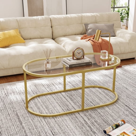 Coffee Table Gold Glass Coffee Table for Living Room, Oval Table Center Table with Ribbed Glass Top and Sturdy Metal Frame,Modern Glass Accent Tables for Bedroom Home Office