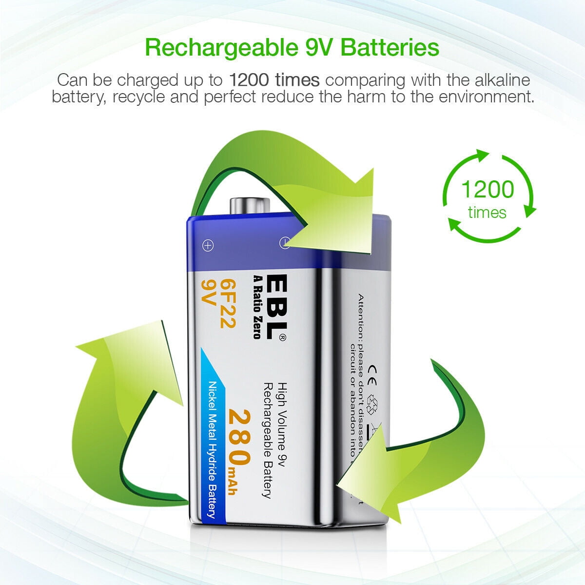 EBL 4 Pack 280mAh 9-Volt NiMH Rechargeable Batteries with 2-Slot 9V 6F22 9 Volt Battery Charger US Plug for AA AAA 9V NiMH NiCD Rechargeable Batteries