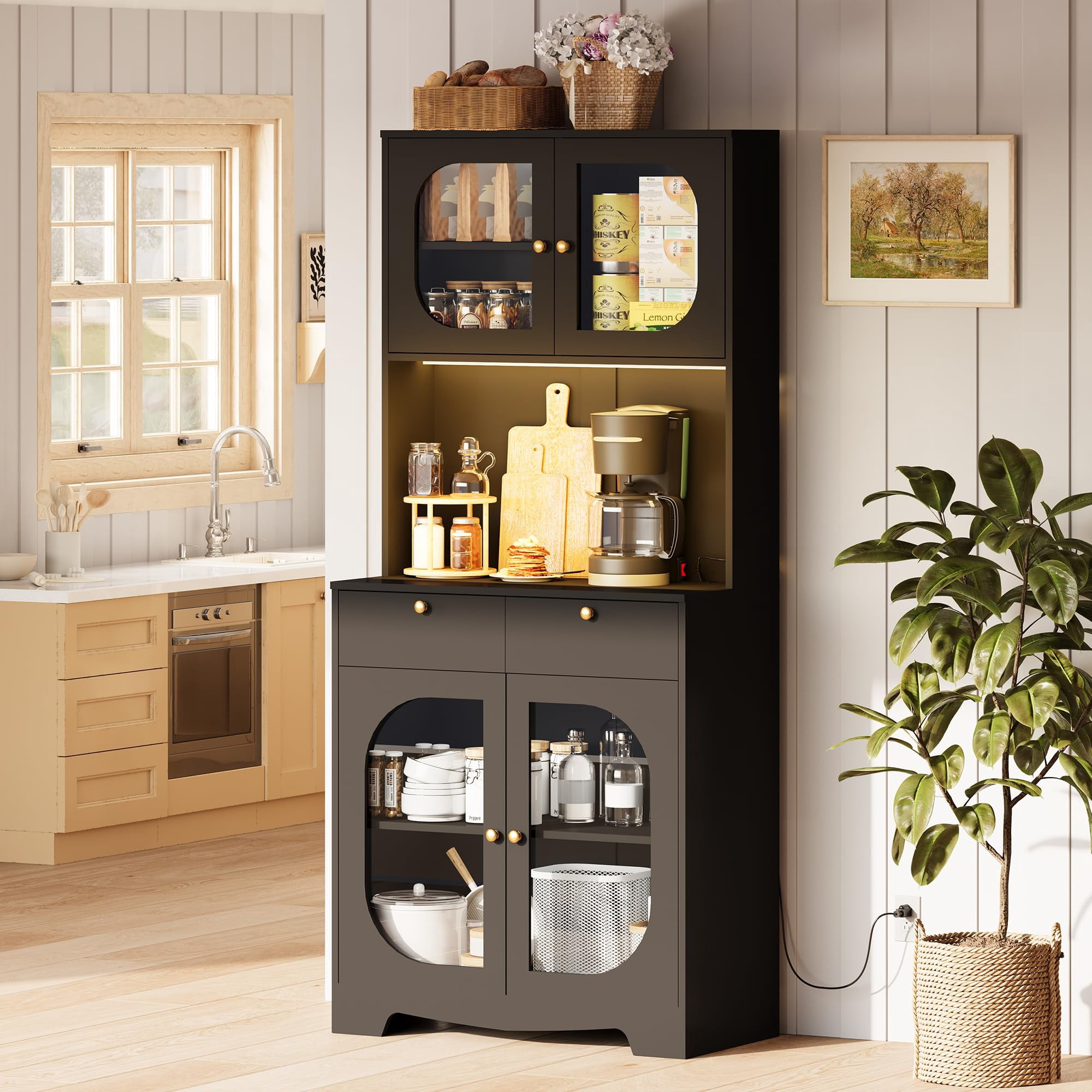 71" Kitchen Pantry Storage Cabinet with Lights and Charging Station, Tall Hutch Cabinet with Storage and Microwave Shelf for Dining Room, Black