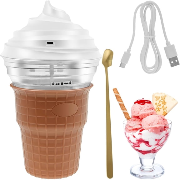 Mini Ice Cream Maker, 450ML Automatic Electric Ice Cream Maker with USB Charge Port, Multi-Purpose Homemade Soft Serve Ice Cream Machine for Gelato Sorbet Frozen Yogurt, Kitchen Gadgets, Brown