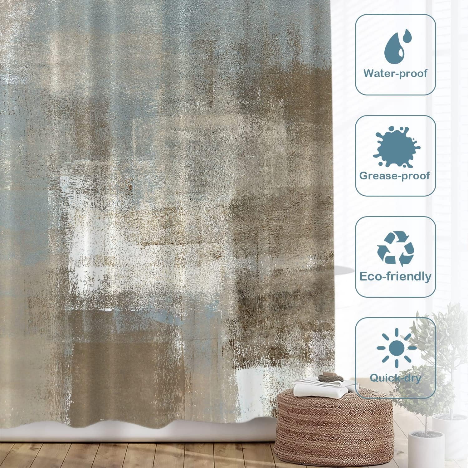Taupe Squares Texture Decor Shower Curtain,Grey and Beige Abstract Painting Bathroom Decor Polyester Fiber Plastic Rings Quick-Drying Waterproof for Bathtubs/Bathroom, 72x72 inches