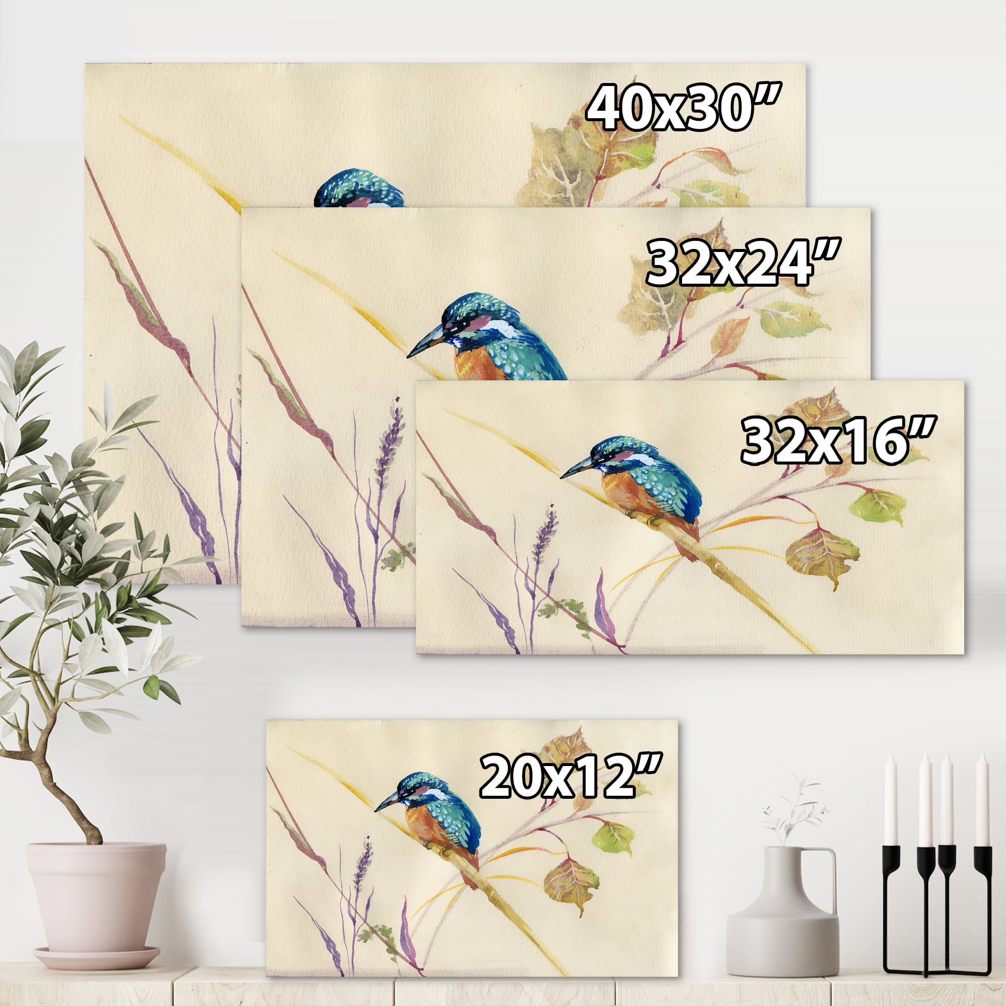 Designart ' Common Kingfisher Bird On Branch ' Traditional Canvas Wall Art Print