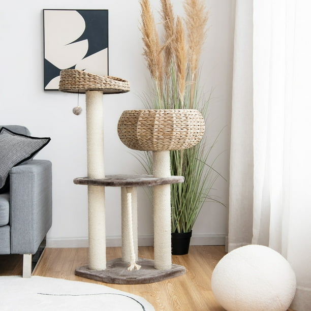 Costway Árbol para Gatos 104 cm con Posaderos Camas Forma de Cesta Torre para Gatos con Rascador Envuelto en Sisal Marrón