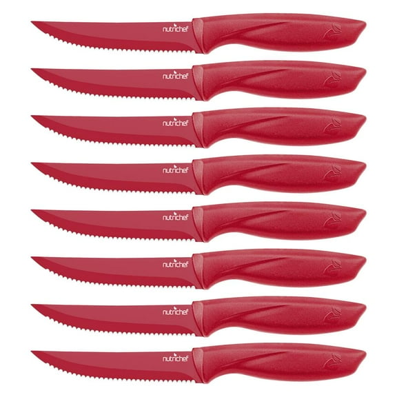 8 Piece Kitchen Knife Set - Multi-purpose Unbreakable Ergonomic Non-stick Stainless Steel Kitchen Steak Knives Set with Fully Serrated Blades - Great for BBQ Grill - NutriChef NCSK8RED (Red)