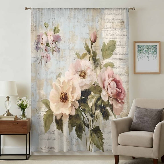 Vintage Pink Floral Sheer Curtains 84 Inches Long, Spring Botanical Oil Painting Light Filering Curtains, Breathable Simi Curtain Privacy Drapes for Living Room Bedroom Lightweight Window Treatment