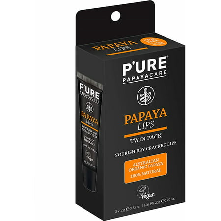 P'ure Papayacare Papaya Lips Twin Pack - Australian Organic Papaya with Paw Paw, Calendula & Shea Butter - Protect, Hydrate & Nourish Dry Cracked Lips, 100% Natural and Vegan -  Pack of 2 (0.35