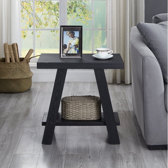 Black Wood Shelf Side Table with Storage for Small Living Room - Space Saving Accent Table 24x22x23