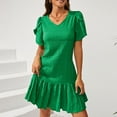 thumbnail image 4 of fheaev Summer Dresses For Women 2024 Ruffle Hem Short Sleeve V-Neck Casual Smock Green Mini Dresses, 4 of 7