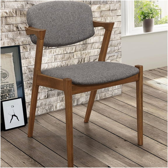 Mid-Century Modern Dining Chairs Set of 2, Dark Walnut Wood Frame with Grey Fabric Upholstery for Kitchen and Dining Room