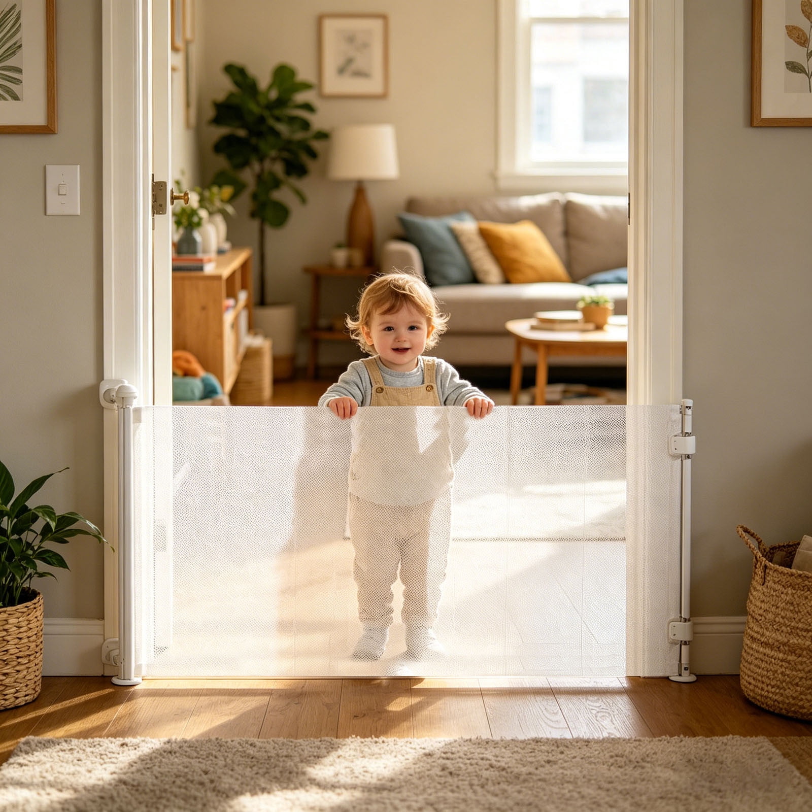 No Drill Retractable Dog Gate, Foldable Safety Pet Barrier for Doorways Stairs Hallways, Weather Resistant Indoor Outdoor Puppy Fence with Easy Installation(White,150X87CM)