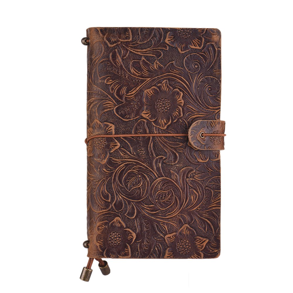 Vintage Full Grain Leather Refillable Travel Journal Notebook Diary Embossed Flower Pattern