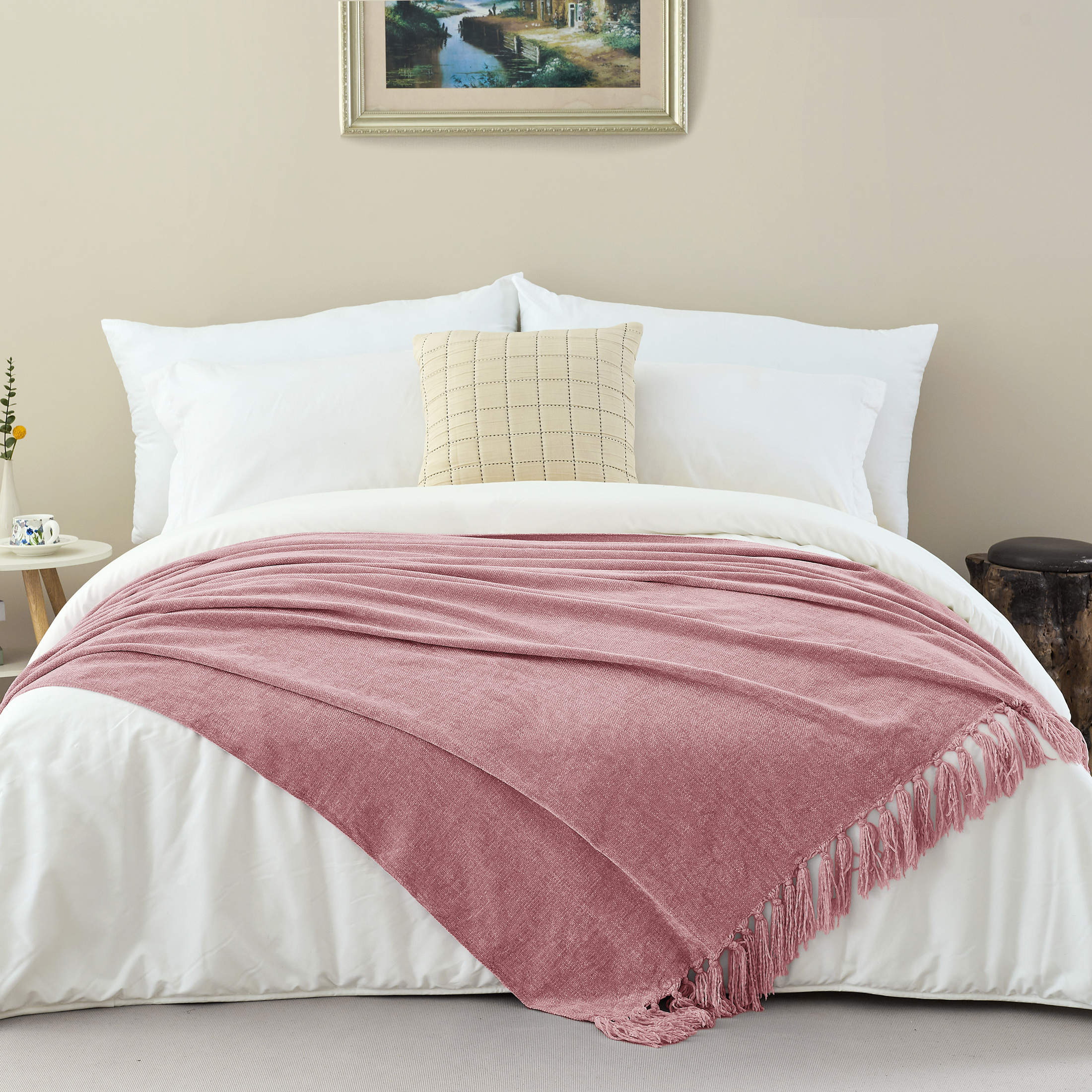 LONG CREATE Chenille Throw Blanket with Fringe Tassel for Couch Sofa Chair Bed, Mauve 60" x 90"