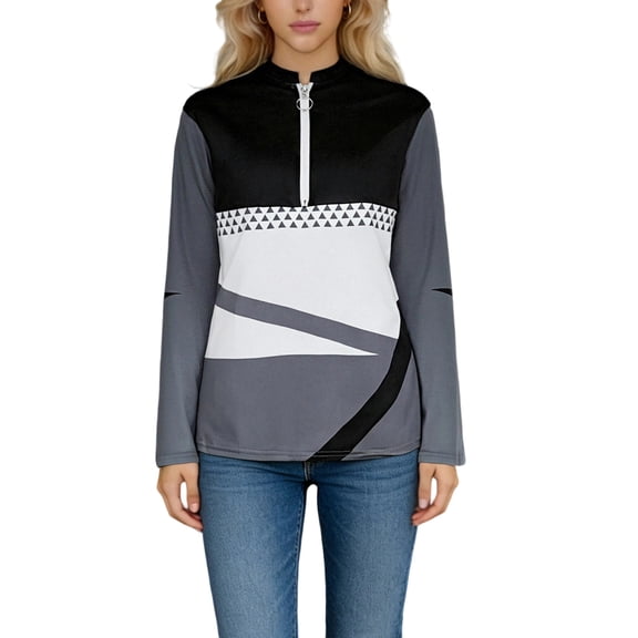 Womens Long Sleeve Golf Shirt Half Zip Vintage Floral Geometric Striped T-Shirt Zipper Collared V Neck Shirts Gray L