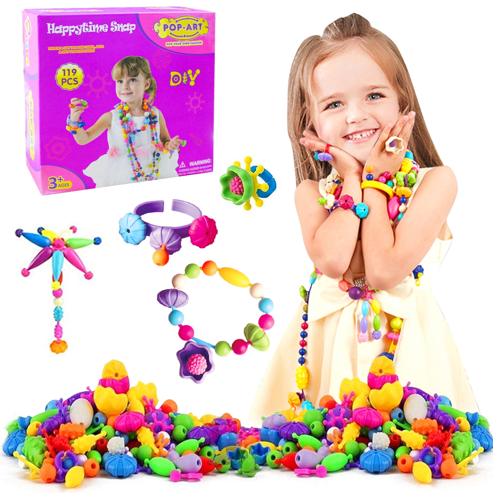 HANMUN Girls Toy Pop Snap Beads - Jewelry Marking Kit for Girls 5-7, 119 Pieces DIY Necklace Ring Bracelet Art Toddler Crafts, Ideal Christmas Birthday Gifts for 3-8 Year Old Kids