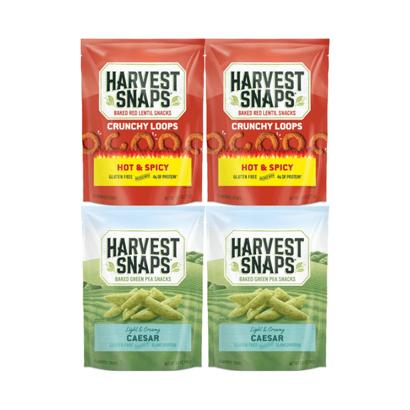 Harvest Snaps Veggie Chips 4 Pack – Hot & Spicy and Caesar, 2 Each Flavor – Baked Green Pea Snack, Plant-Based, Gluten-Free, 4 Count Multipack