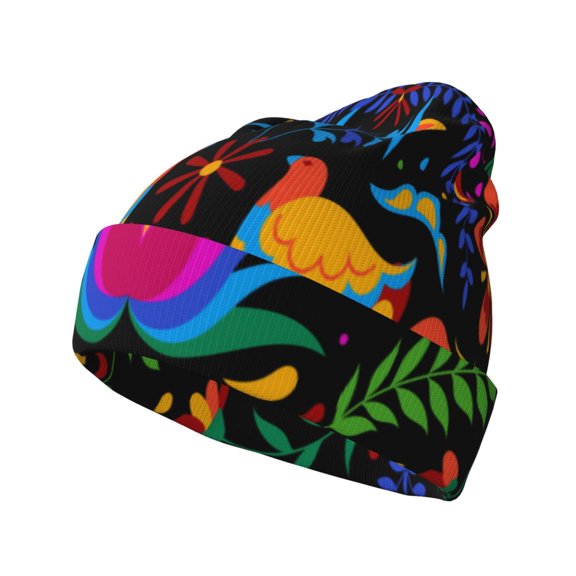 Lsque Mexican Flower Traditional1 Pattern Knitted Beanie, Unisex Winter Hat, Knit Hat Winter Beanies Thick Fisherman Beanies Cuffed Plain Skull Caps