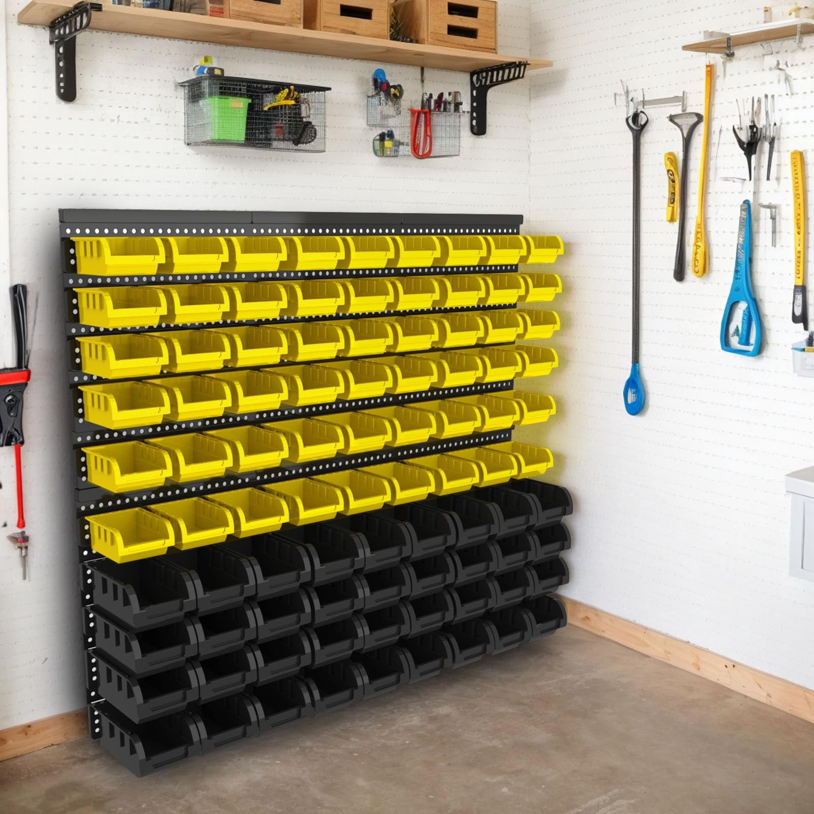 Extra Large 90PCS Wall Mounted Storage Bins Organizer, Plastic Screw & Bolt Storage Rack with Pegboard, Nut & Hardware Organizer for Garage, Workshop, Craft Room (Yellow & Black)
