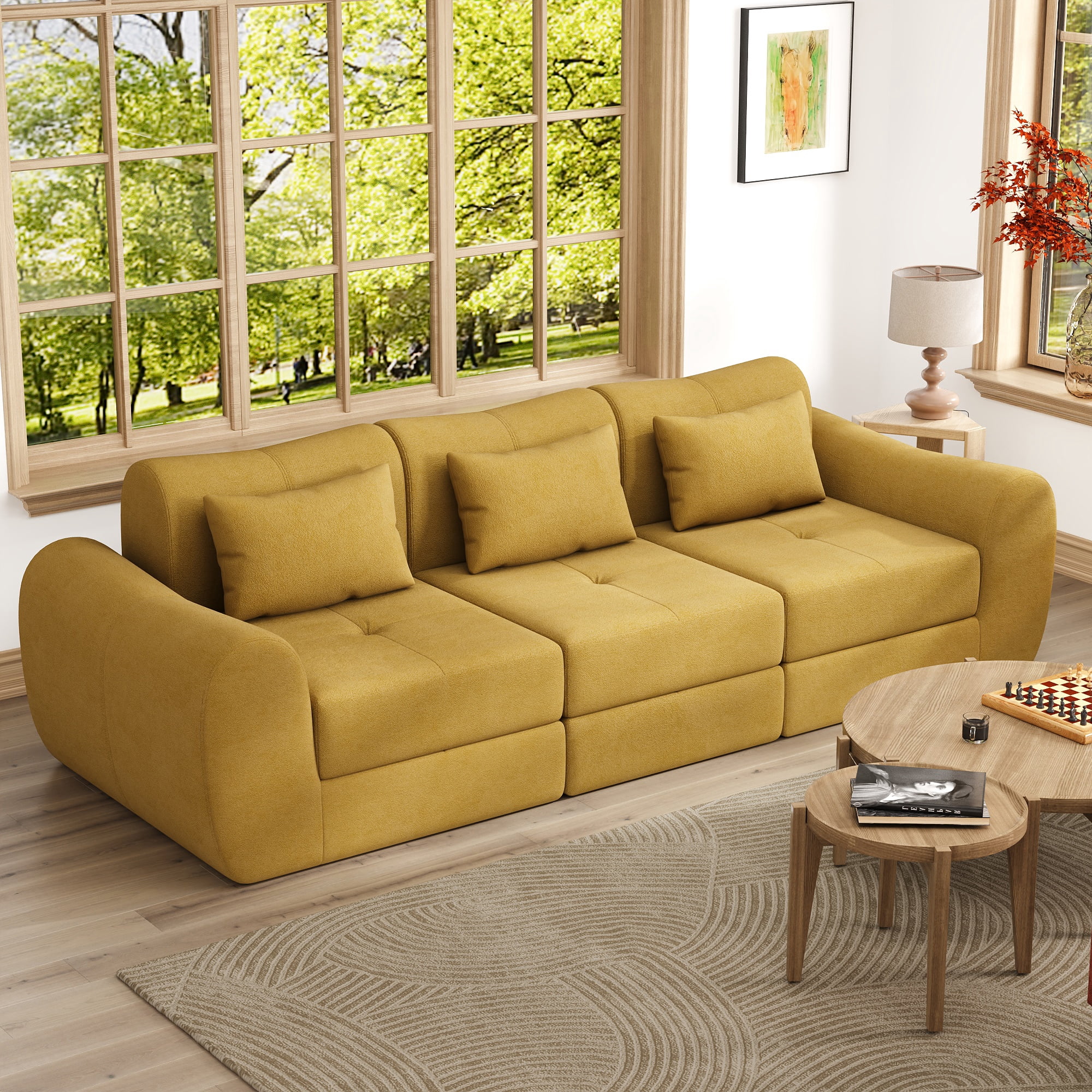 102" Cloud Sofa, 4-in-1 Folding Sofa Bed, Floor-Standing Boneless Couch, Futon Sofa Bed for Living Room, Modular Cloud Sectional Couch with Deep Seat for Living Room(Yellow)