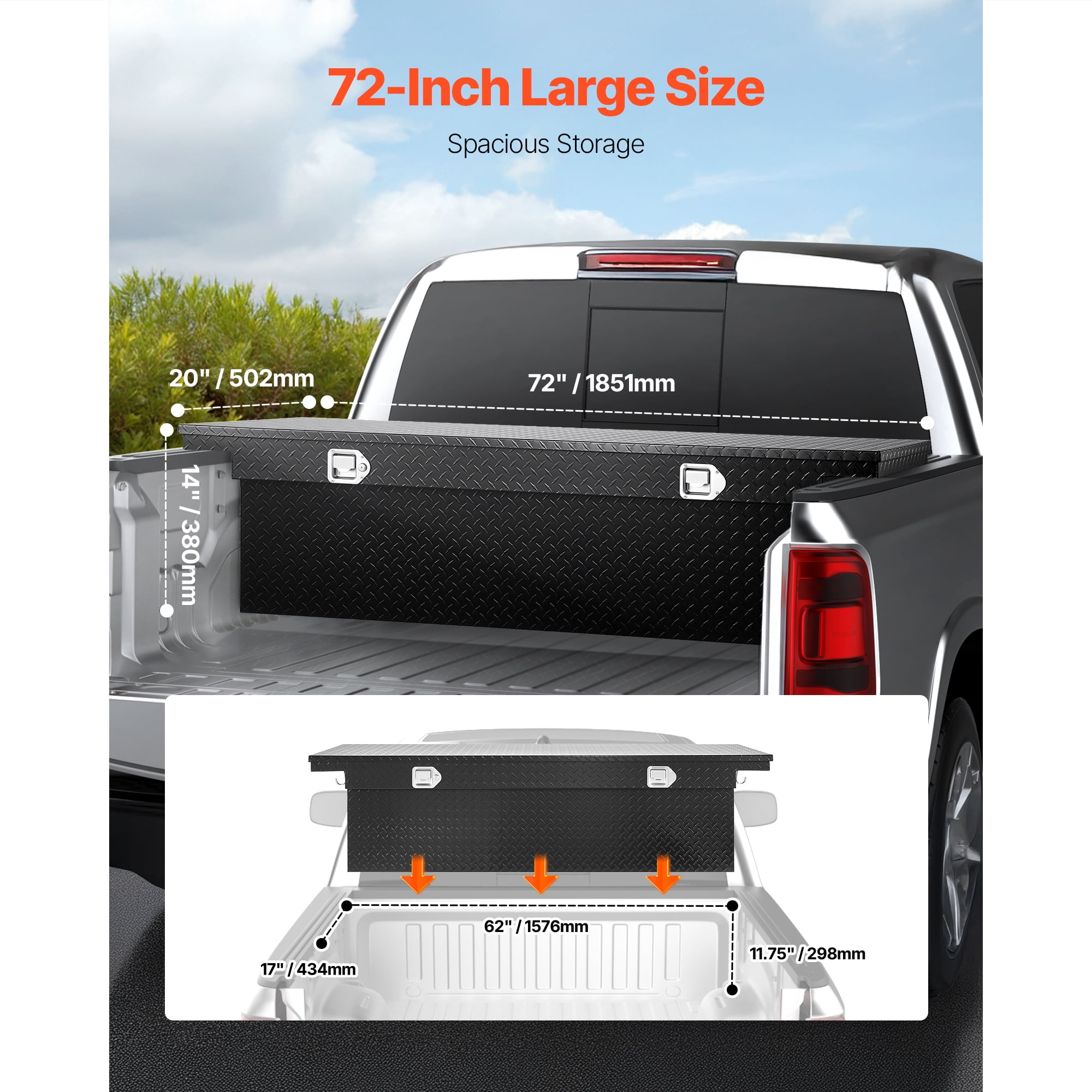KFFKFF Aluminum Crossover Truck Tool Box, 72x20x14 In, Durable Storage Organizer with Diamond Pattern, Suitable for Pickup Truck Beds and RV Trailers, Weather-Resistant Design with Lock, Keys