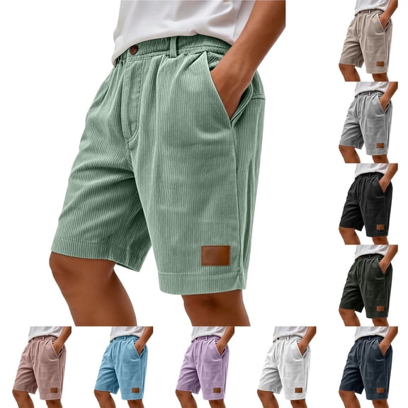 Men's Corduroy Shorts Casual Summer Shorts Elastic Waist Drawstring Lightweight Loose Fit Shorts with Pockets Black L
