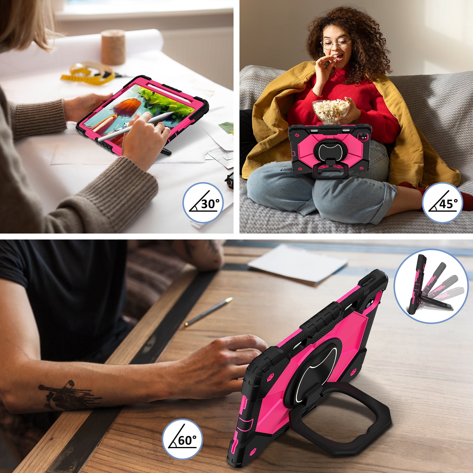 Shockproof Case for Apple iPad Pro 13 M4 2024, Build in Pencil Holder Rotating Stand Shoulder Strap Bumper Shockproof Rugged Kids Friendly Case Cover for iPad Pro 13 Inch M4 2024, Rose