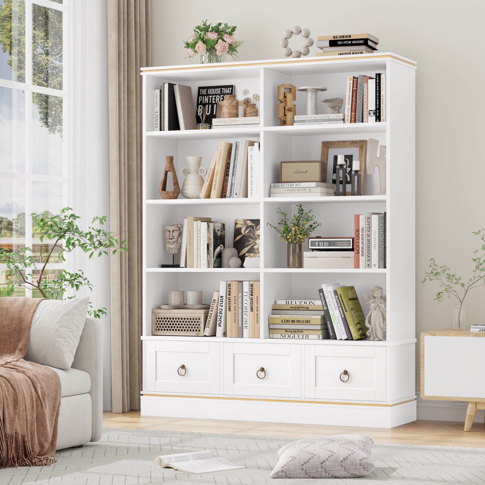 Homfa Tall Bookshelf with Drawers, Double Row 8 Cube 47'' Wide Bookcase for Living Room Office Small Space, White