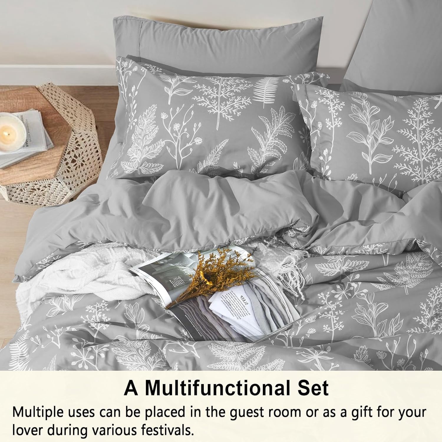 PHF 7 Pieces Printed King Comforter Set, Lightweight Reversible Botanical Bedding Set Include Comforter, Pillow Shams, Flat Sheet, Fitted Sheet and Pillowcases, Grey