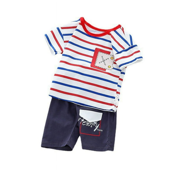 Boys' Summer New Round Neck Short Sleeve Set Trendy Wide Stripe T-shirt Shorts Casual Fashion Two Piece Set