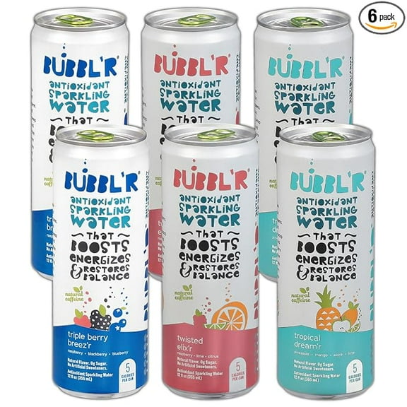 New Bubblr Antioxidant Sparkling Water - Triple Berry Breez'r, Tropical Dream'r, Twisted Elix'r - Variety Pack, 0 Suger, 69 Mg Caffine, Sparkling Water 12 Fl Oz (Pack Of 6)