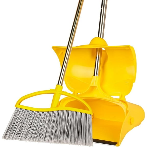 Long Handle Heavy Duty Broom and Dustpan Set, Outdoor and Commercial Upright Dustpan and Brush for Restaurant Garage Garden Yard Office, Yellow