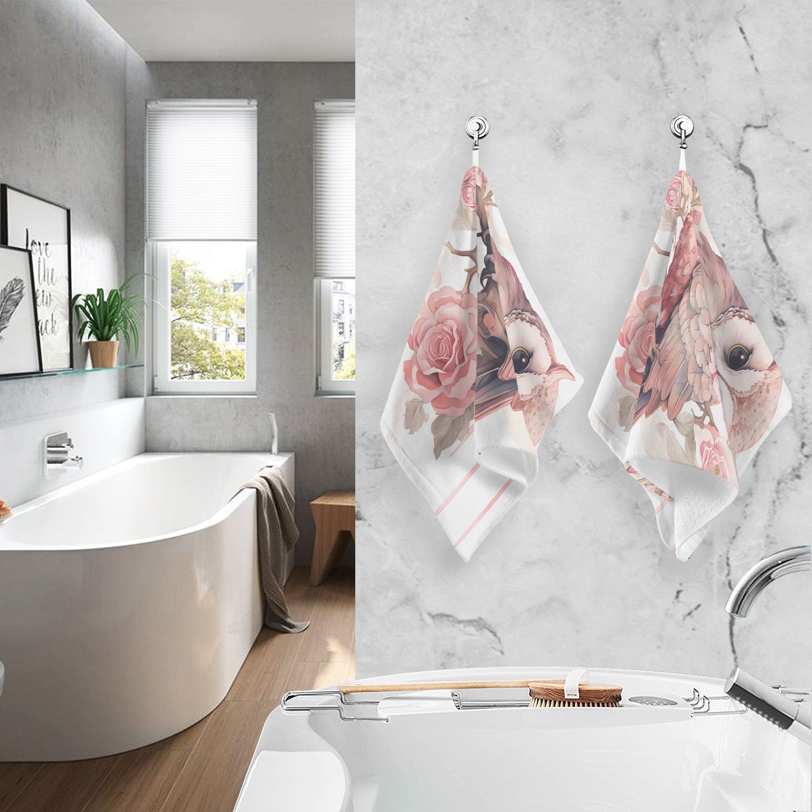 Owl Flowers Leaves Pink Hand Towel Bath Towels Face Towels Cotton Absorbent for Home Hotel Spa Swimming Yoga Sports Decorative Towel Set of 2