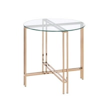 Gzxs Round End Table with Clear Glass Top & Metal Cross Base in Champagne Finish, 23" Side Table for Living Room, Small Space