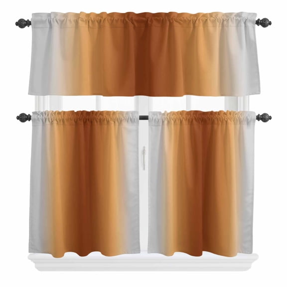 3 Piece Kitchen Curtains and Valances Set Dark Burnt Orange Grey Ombre Cafe Curtains 24 Inch Length Farmhouse Gradient Minimalist Valance & Tier Curtain for Living Room Bedroom 54"x18" 27"x24"*2