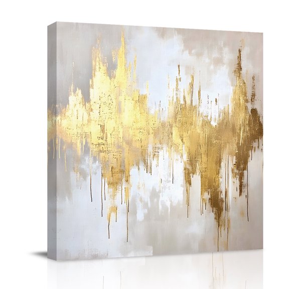 Canvas Wall Art, Gold Grey Framed Canvas Prints for Living Room Bathroom, Abstract Contemporary Square Graffiti Smear Art Gallery Wrapped Wall Decor for Home Office, Gifts, 12"x12" Ship Next Day