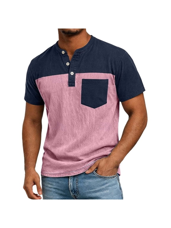 Men Summer Retro Patchwork Henley Short Sleeve T-Shirt Spring Casual Loose Fashion Pullover Style Everyday Wear Tops Pink S