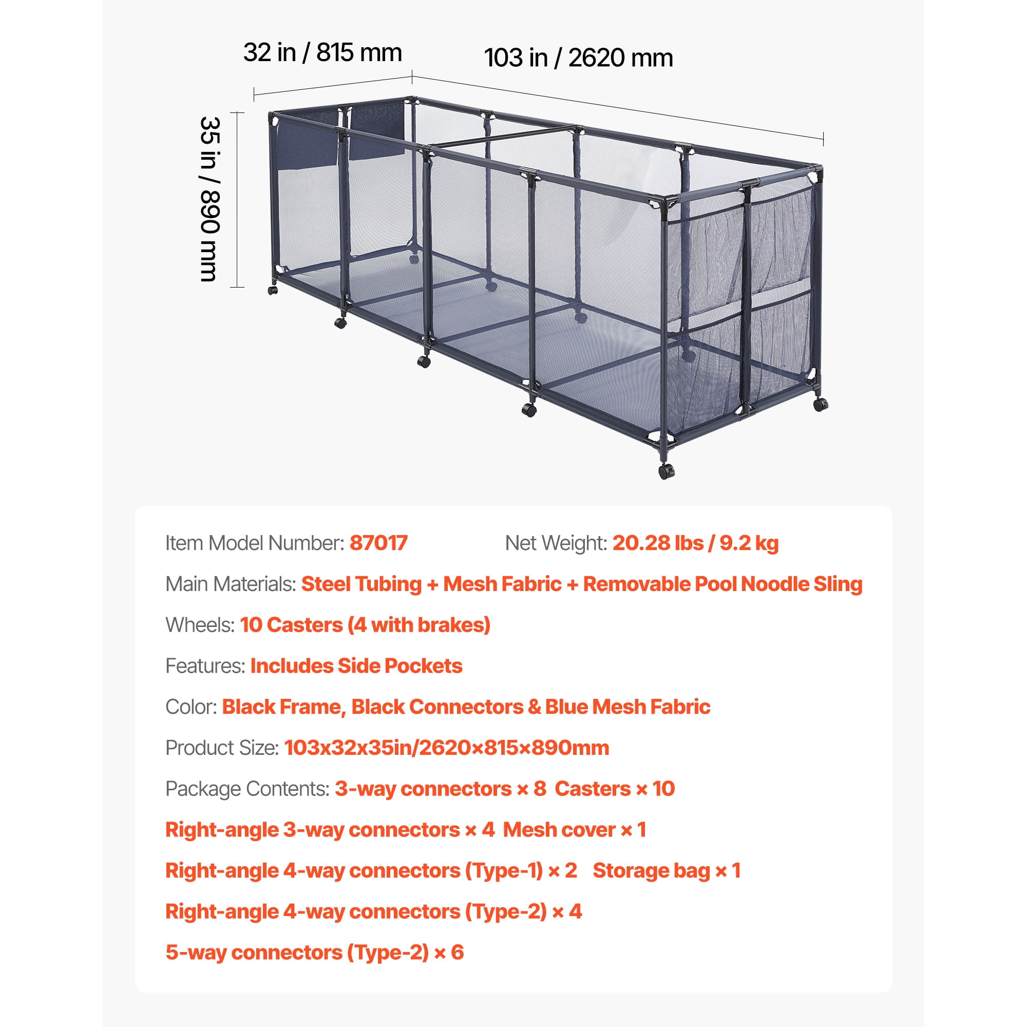 KFFKFF Rolling Pool Storage Bin, 103 x 32 x 35 in, Organizer with Side Pockets & Noodles Holder, Sturdy Metal Frame, Breathable Mesh Basket for Poolside Toys and Swimming Accessories