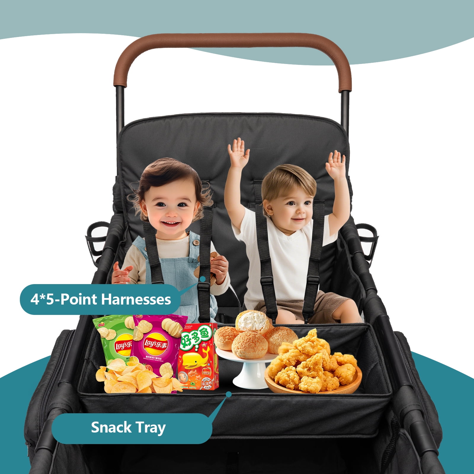 Stroller Wagon for 4 Kids, Premium High-Leg 4-Seater Push Pull Wagon with 2 Removable Seats, 5-Point Harnesses, Adjustable Canopy, Mosquito Net,Snack Tray, Storage, Easy Fold for Travel Camping