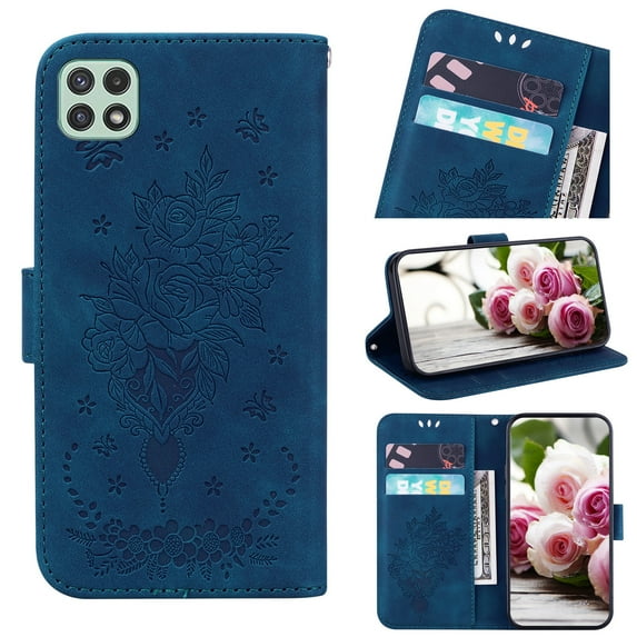 For Samsung Galaxy A22 5G Wallet Case With Kickstand Magnetic Full Body Embossed Leather Shockproof Case Flip Stand Card Cash Pocket Wallet Protective Cover,Blue