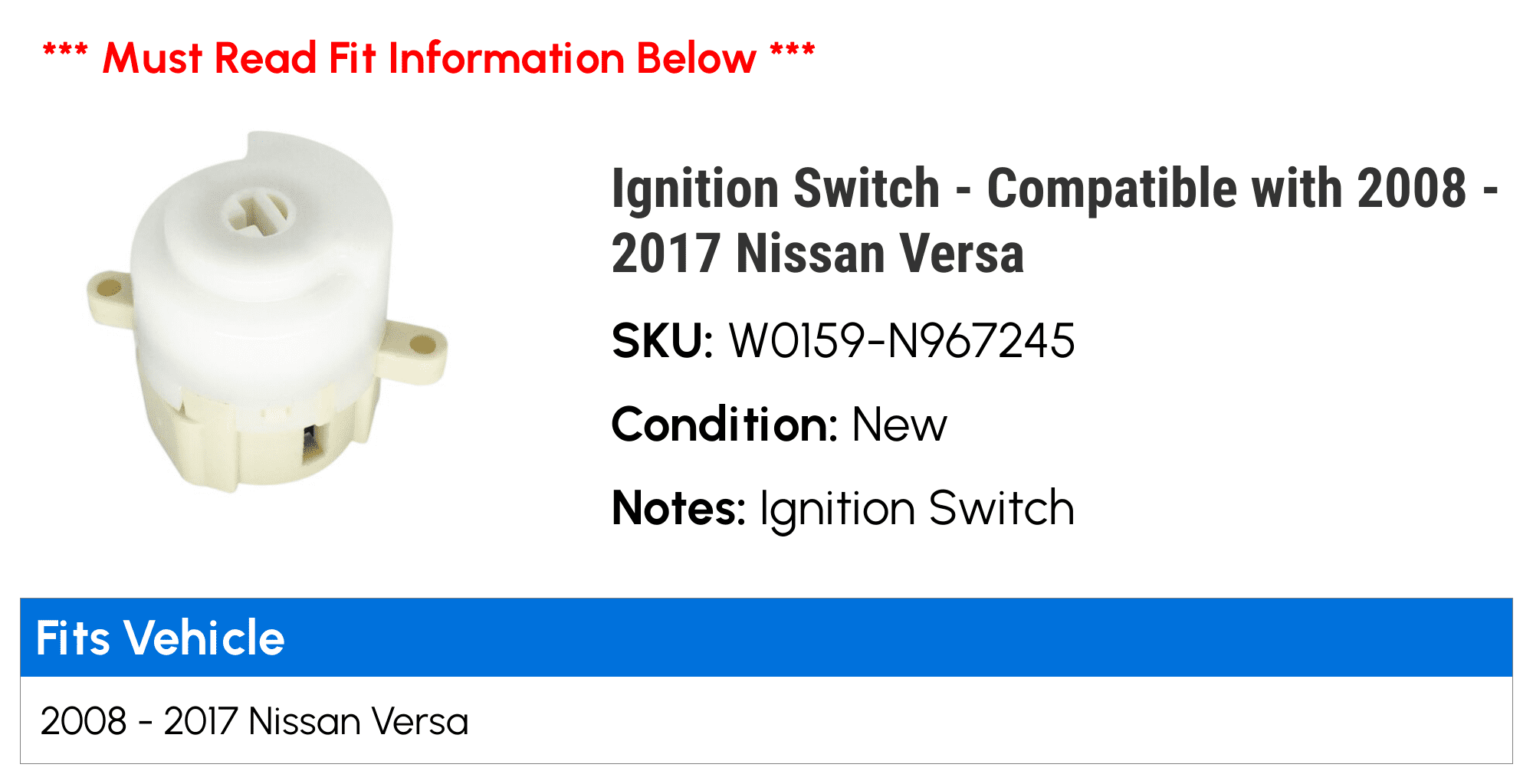Ignition Switch - Compatible with 2008 - 2017 Nissan Versa 2009 2010 2011 2012 2013 2014 2015 2016
