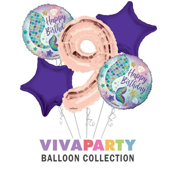 Happy Birthday Mermaid Round Balloon Bouquet 5 pc, 9th Birthday, Rose Gold Number 9 Jumbo Balloon | Viva Party Balloon Collection