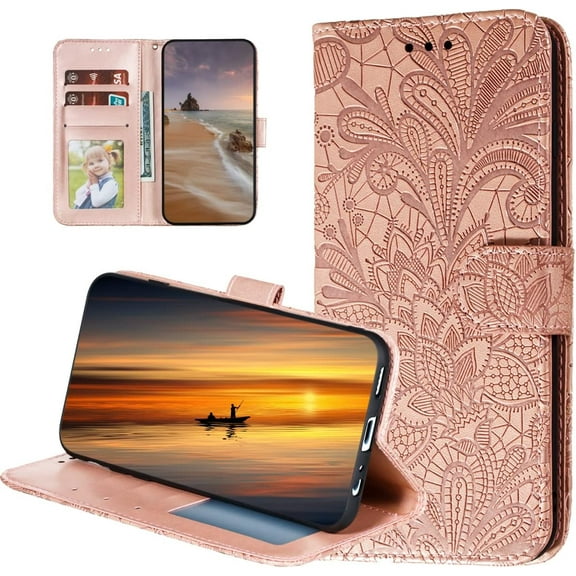 Wallet Case for Samsung Galaxy A33 5G (Not 4G), Lace Flower [Kickstand Feature] Luxury PU Leather with [Card Holder][Wrist Strap] Phone Cover for Samsung Galaxy A33 5G LC Rose Gold