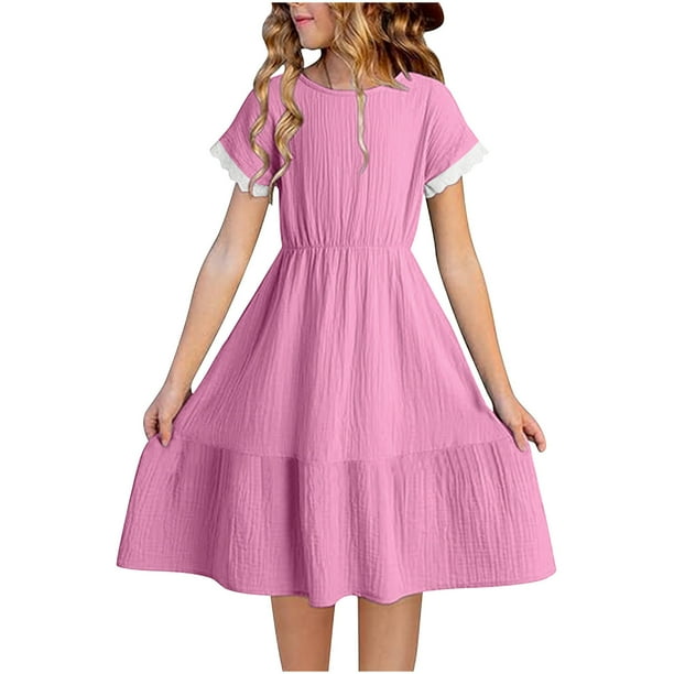 Odeerbi Niñas Verano Algodón Lino Vestidos Tiered Niños Color Sólido Cuello Redondo Manga Corta Vestido de Encaje Empalmado